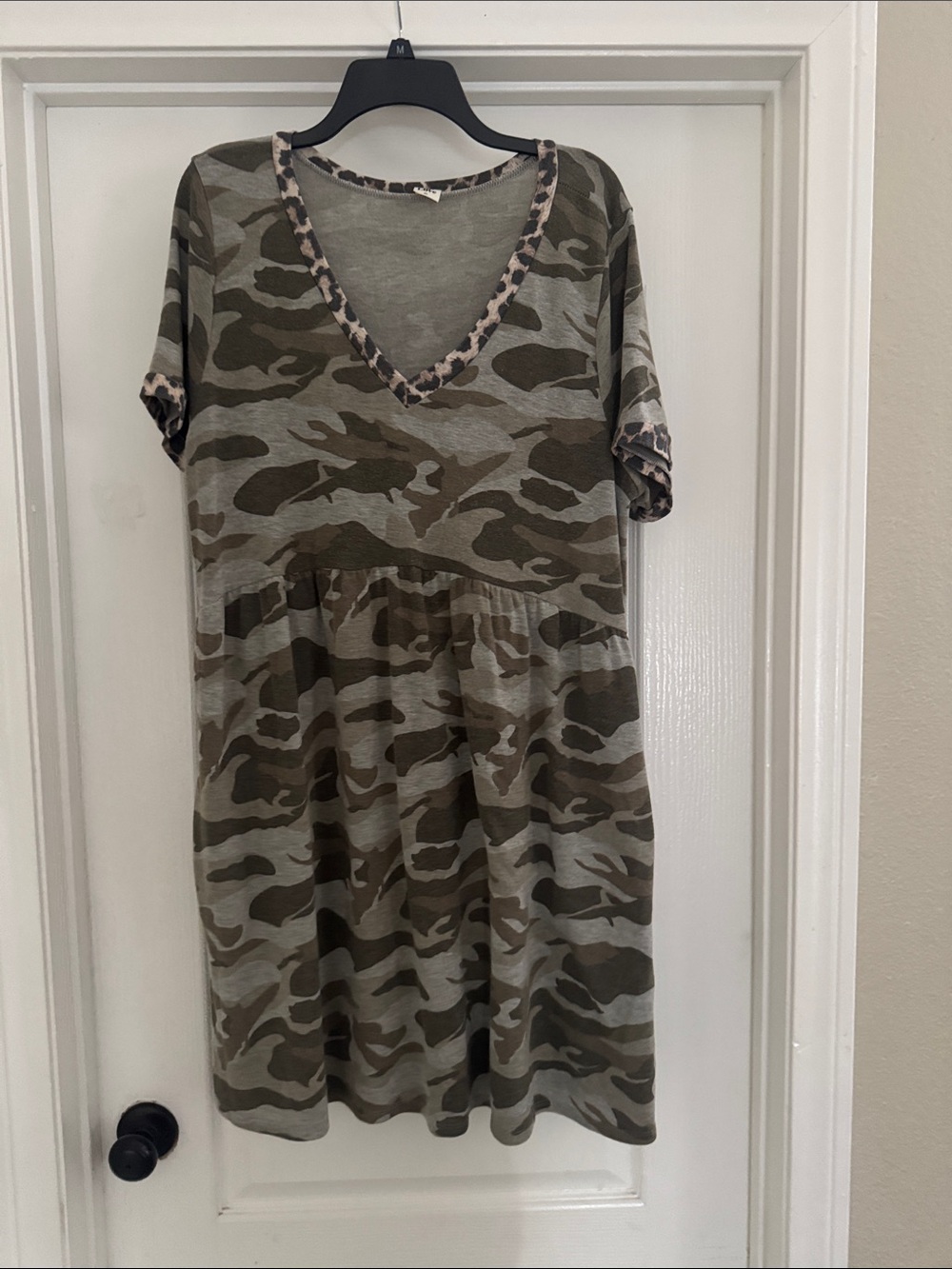 Sew In Love Olive Camo V-Neck Babydoll Dress with Leopard Trim
